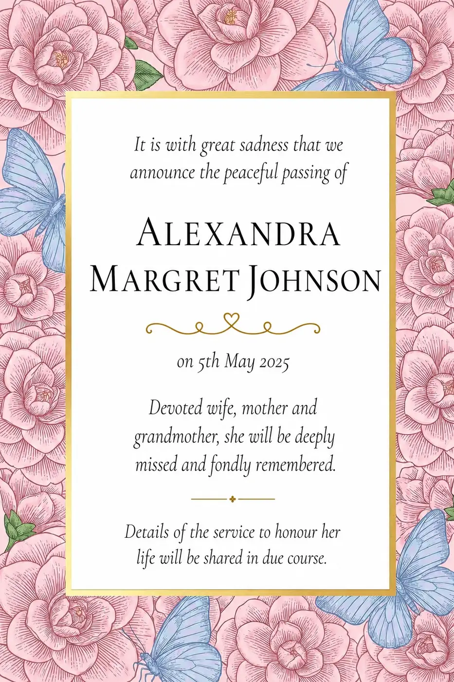 An ohu death notice set in an engraved camellia frame with blue butterflies
