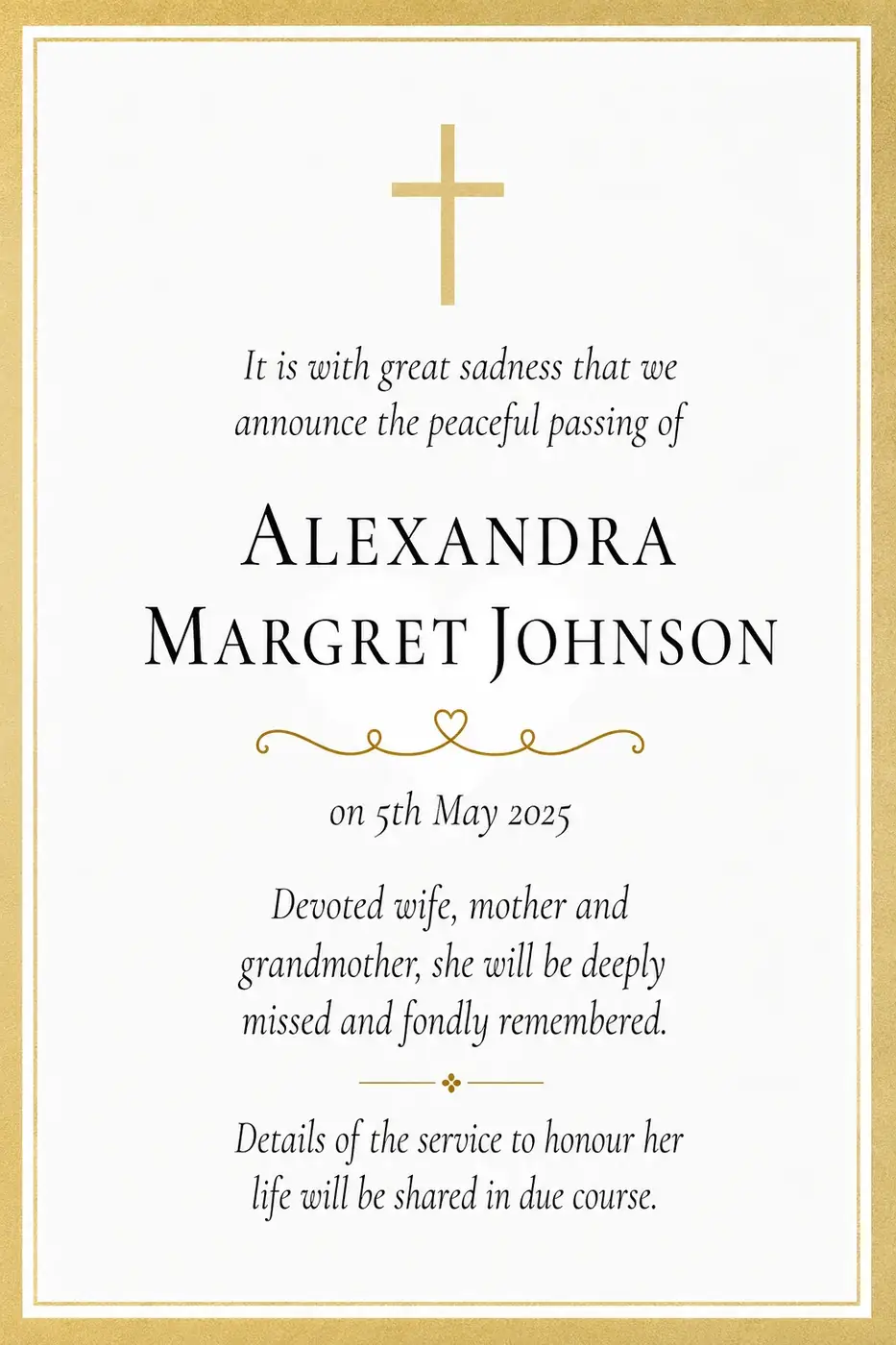 Traditional death notice frame with a gold border and cross