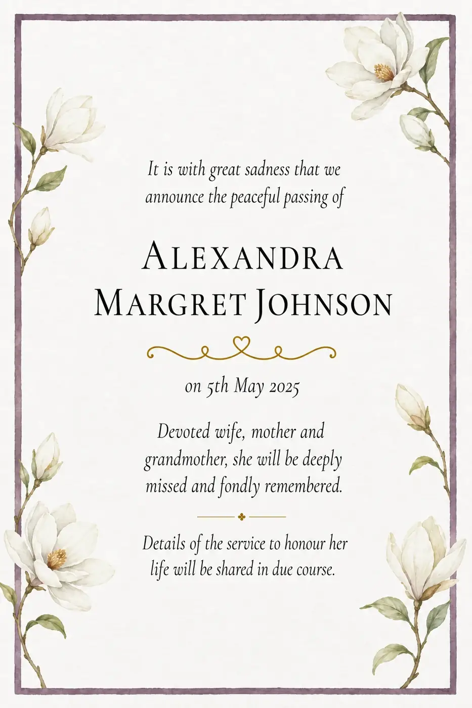Traditional death notice frame with a single white magnolia and wide margins