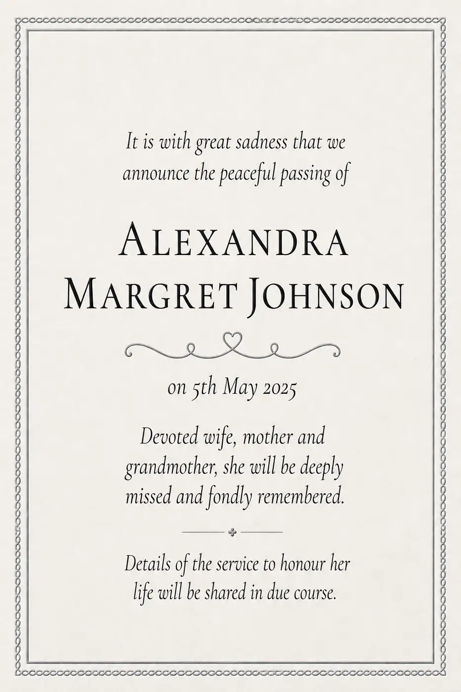 Traditional death notice frame with a fine double-line border