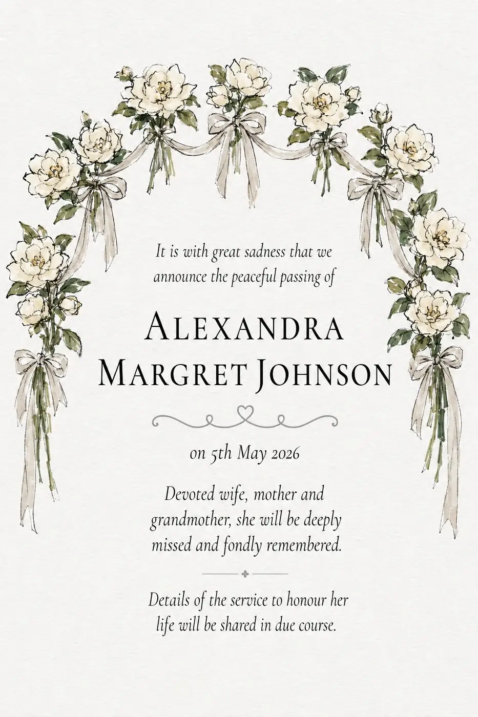 Death notice frame with an arch of white roses